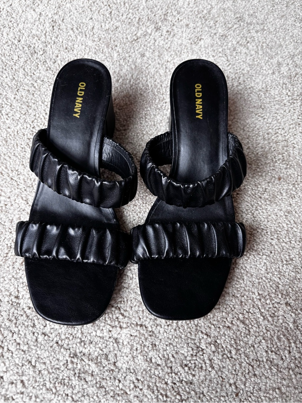 Old Navy Black Ruched Double-Strap Slide Sandals with Square Toe
